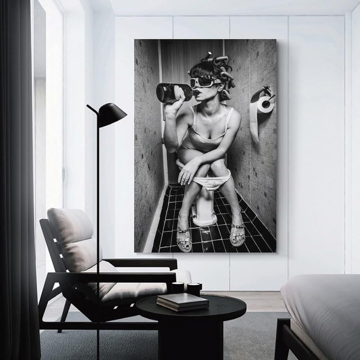 Woman Drinking on The Toilet Lnteresting Vintage Canvas Painting Wall Art Poster Room Decor Aesthetics 12x18inch(30x45cm)