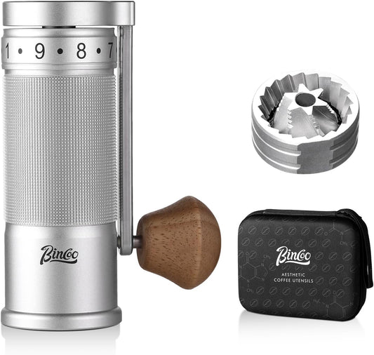 Bincoo Manual Coffee Grinder with Foldable Handle– External Setting Hand Coffee Grinder with Steel Burr,Compact and Portable for Home/Travel/Camping(Sliver)