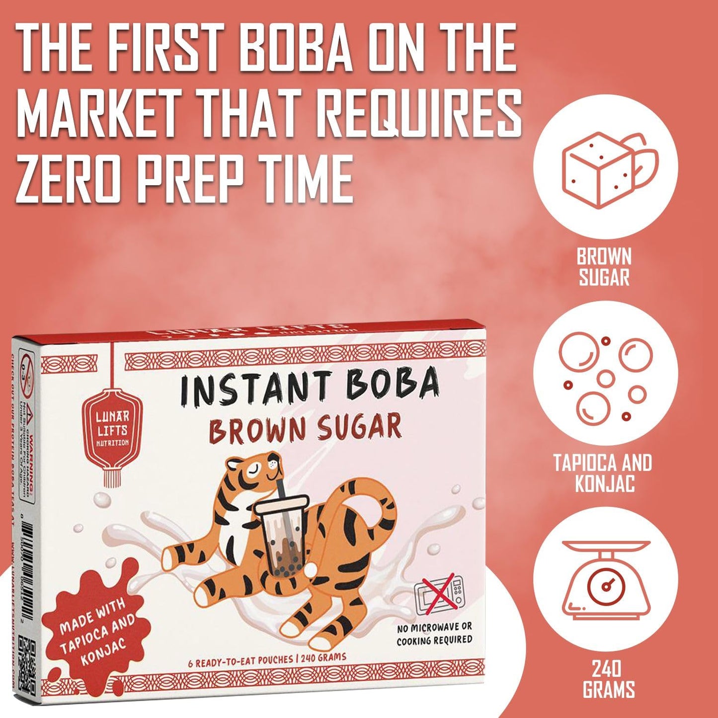 Instant Brown Sugar Boba, 70% Fewer Calories, Made with Konjac and Tapioca, Brown Sugar Boba Pearls for Boba tea, Shakes and Dessert, Plant-Based 6 Ready-to-Eat Pouches (240g)