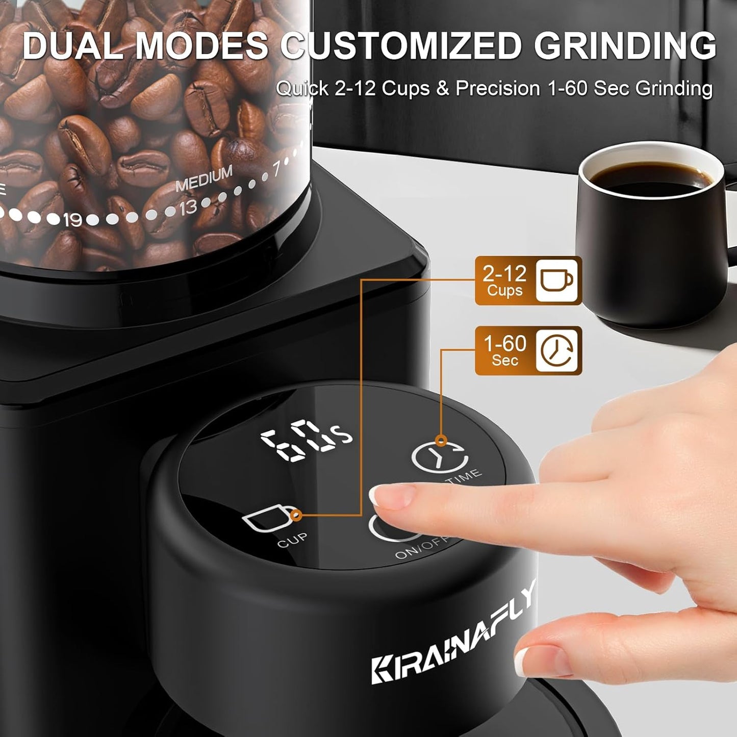 Conical Burr Coffee Grinder, Electric Coffee Bean Grinder with 25 Precise Grind Settings for Espresso/Drip/French Press, Smart Touch Control, Anti-static, Black