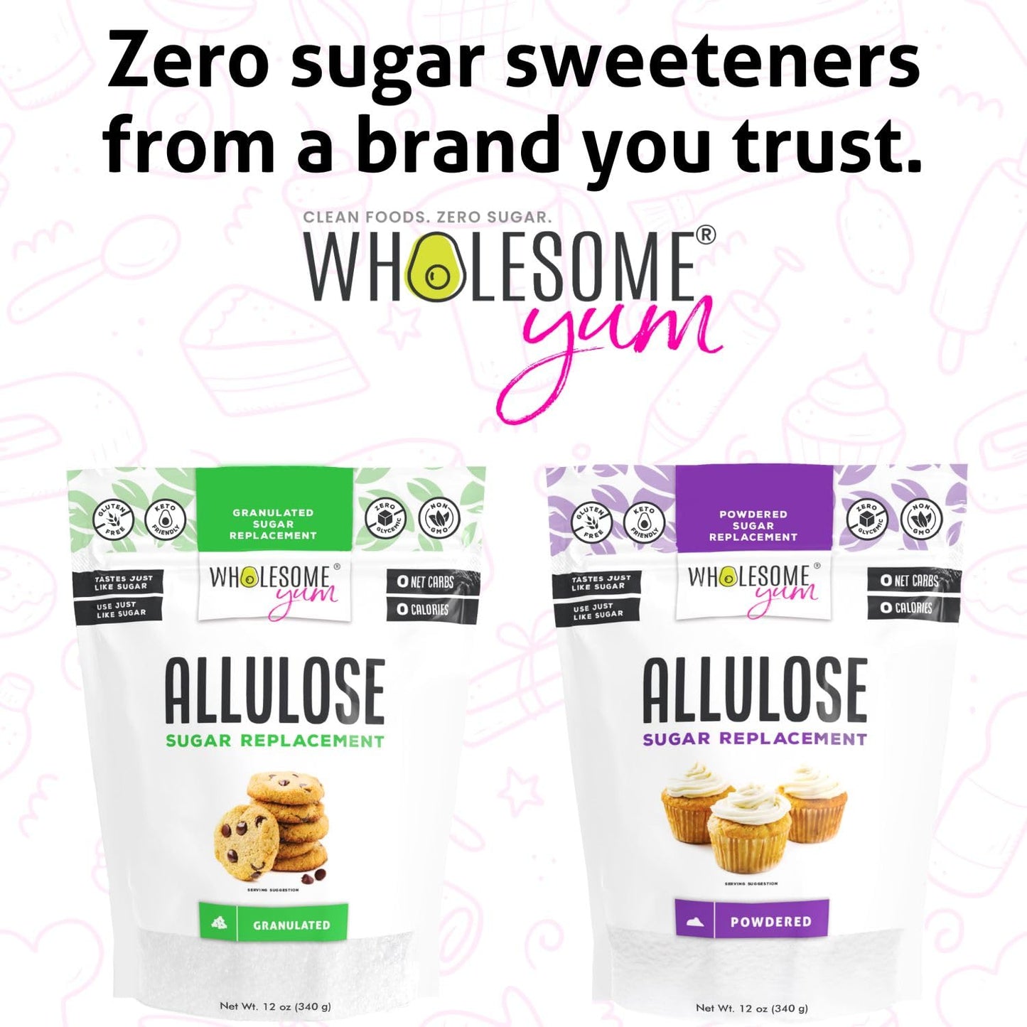 Wholesome Yum Allulose Sweetener - Natural Granulated Sugar Substitute - Keto, Non GMO, Zero Carb, Zero Calorie, Sugar Free, No Aftertaste, Tummy Friendly - Granular Sugar Replacement (12 oz, 2 Pack)