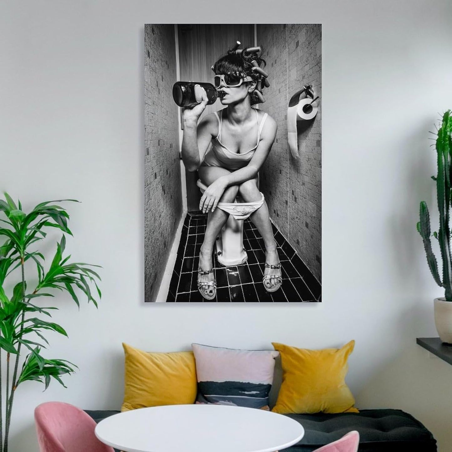 Woman Drinking on The Toilet Lnteresting Vintage Canvas Painting Wall Art Poster Room Decor Aesthetics 24x36inch(60x90cm)