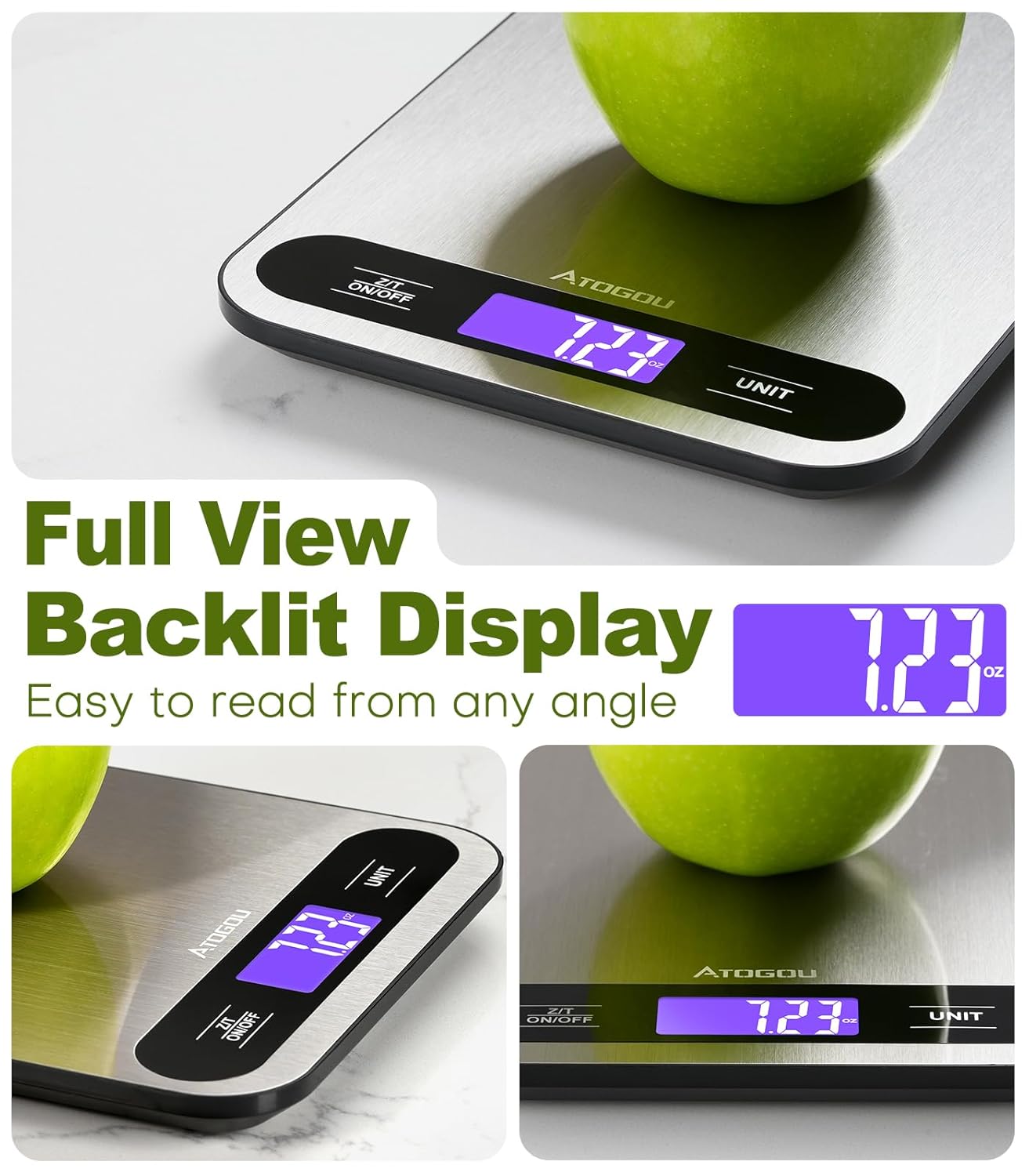 33lb/ 15kg Food Scale, Digital Kitchen Scale with Full View LCD Display, Stainless Steel Pan, for Cooking, Baking, Meal Prep Black