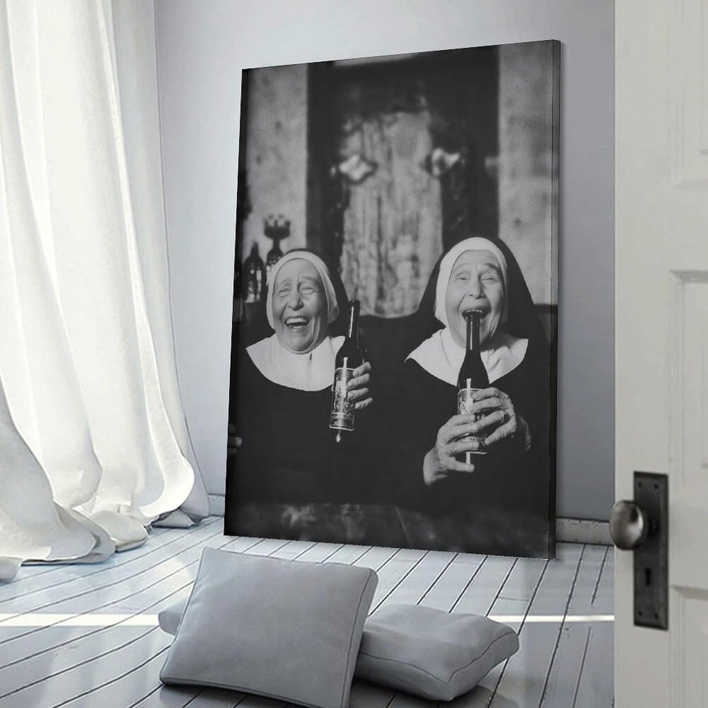 Nuns Drinking Wine Funny Living Room Print Humor Wall Art Decor Canvas Printing Poster, for Hallway Entry Or Living Room Vintage Funny Girls Portrait Gift for Friend 12x18inch(30x45cm)