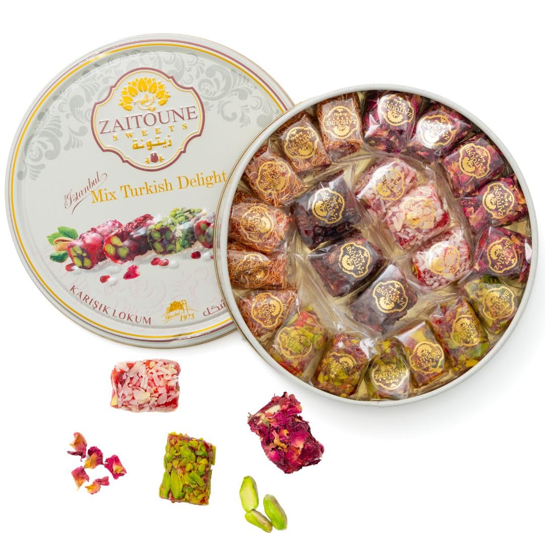Zaitoune Turkish Delight Mix - 9 oz | Luxury Coatings of Pomegranate, Pistachio, Coconut, Kataifi & Rose | Authentic Lokum Sweet Assortment in a Beautiful Gift Tin | Handmade & Individually Wrapped