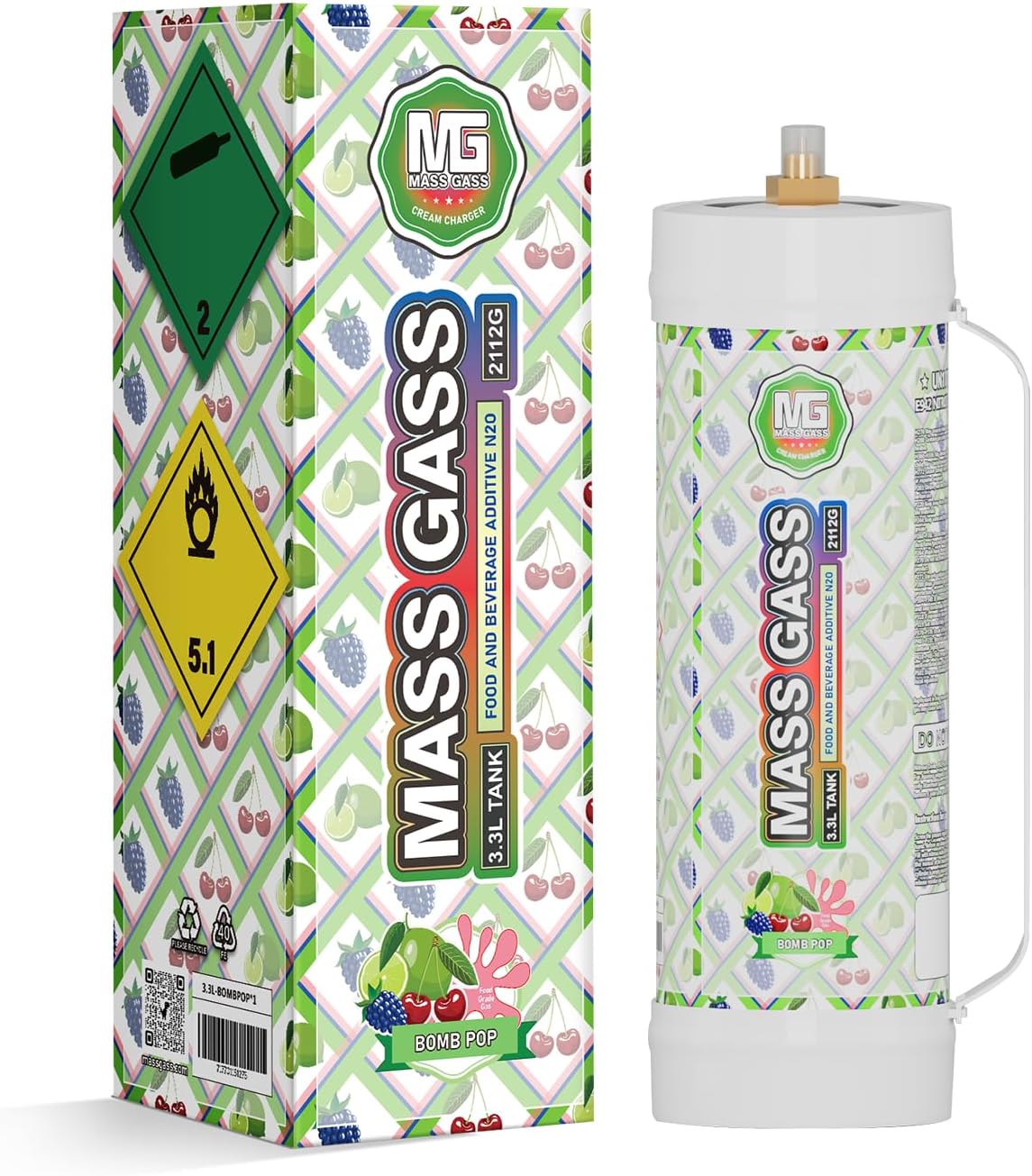 Whipped Cream Charger 3.3l Tanks,Mass Gass 2112g Whip Cream Chargers Cylinde,Food Grade 99.9%-Purity (1 Cylinder BOMB POP)