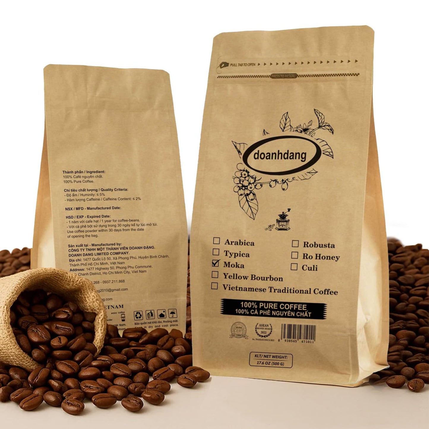 doanhdang - 17.6 Oz Premium Moka Whole Bean Coffee, 100% Medium Roast, Rich Flavor for Espresso Shot and Brew, Origin from Vietnam, Whole Med Roast Beans