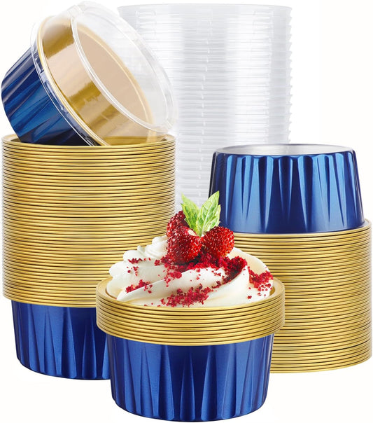 EUSOAR Aluminum Foil Baking Cups with Lids, Royal Blue 100pcs 5oz Creme Brulee Ramekins Disposable, Muffin Liners Cups，Mini Cheesecake Foil Pans Dessert Containers with Lids for Party Favor Birthday