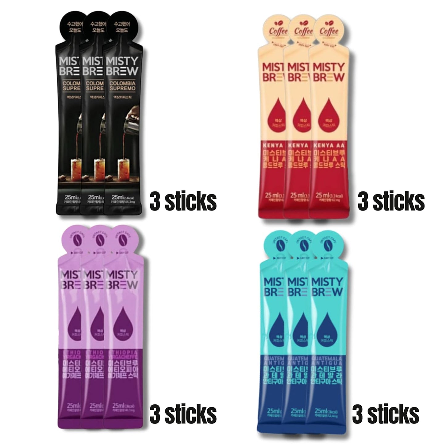 Cold Brew Coffee Concentrate liquid, Single Serve Coffee Sticks, MistyBrew, Imported from Korea, 4 flavors, Premium coffee (12 sticks, Mix)