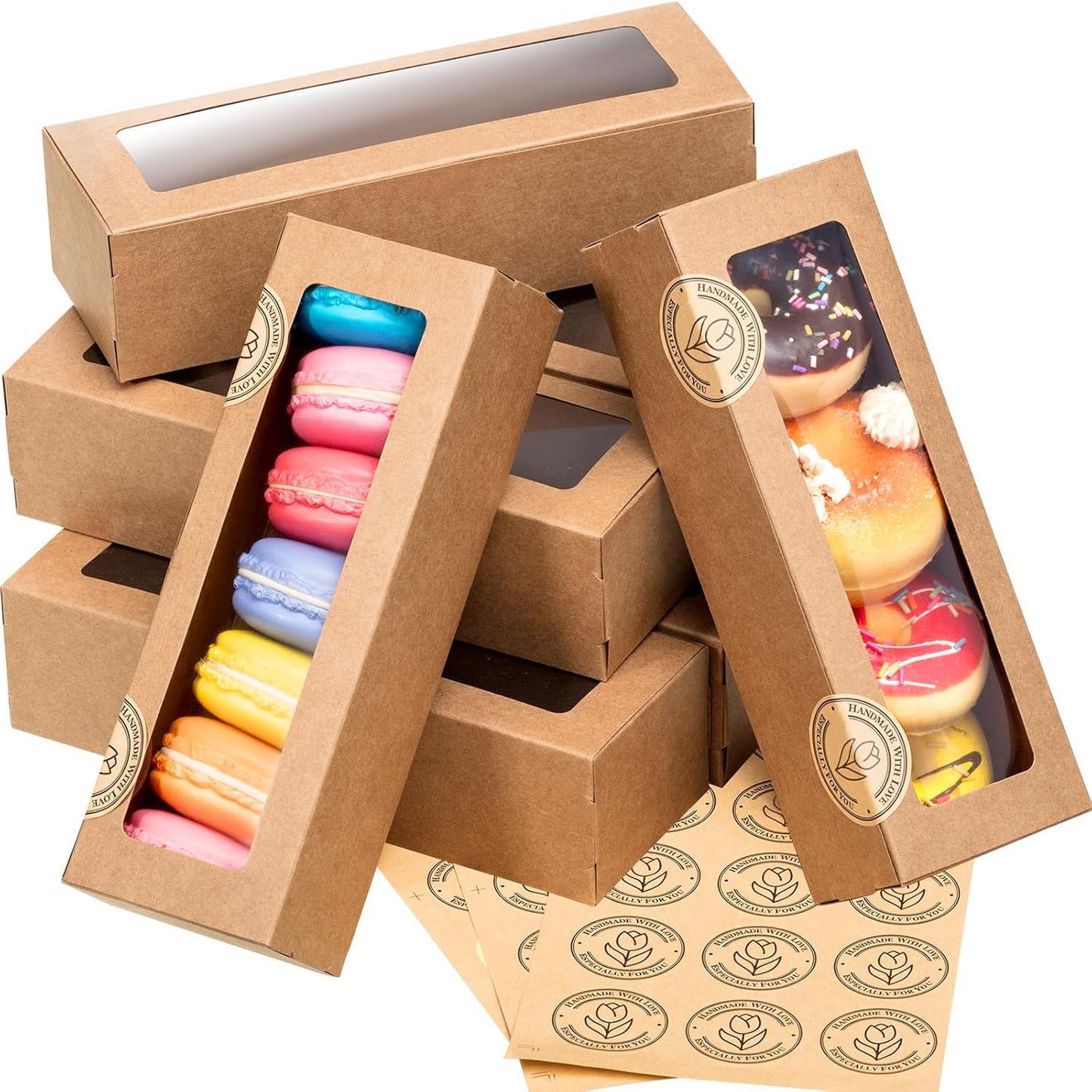 Sherr 50 Pcs Brown Macaron Boxes with Window, Cookies Boxes with 200 Pcs Stickers Long Bakery & Dessert Gifts Containers for Donuts, Pastry, Chocolate Covered Strawberry