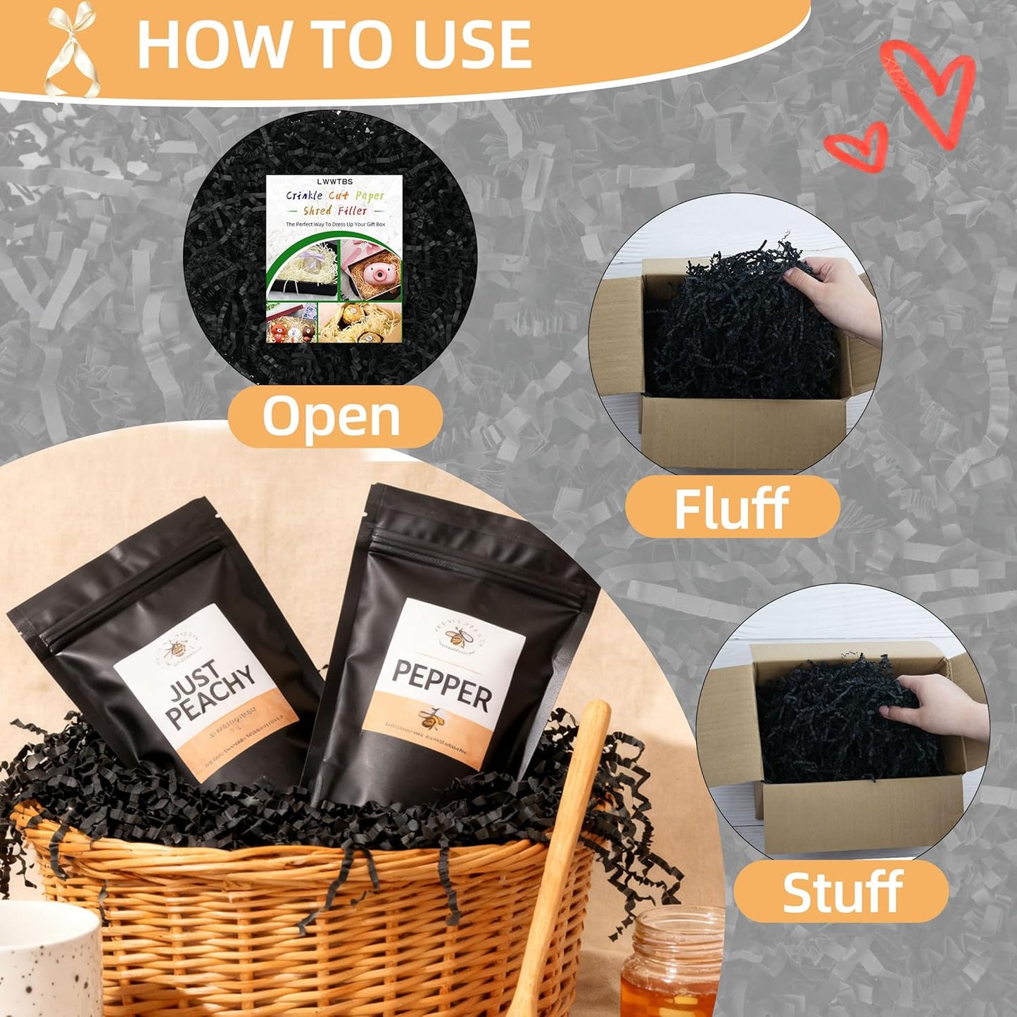 LWWTBS Crinkle Cut Paper 7oz Shredded Packing Grass Cushion Paper for Gift Baskets Christmas Wedding Birthday Bridesmaid Engagement Craft Gift boxes Bags Filler (Black)