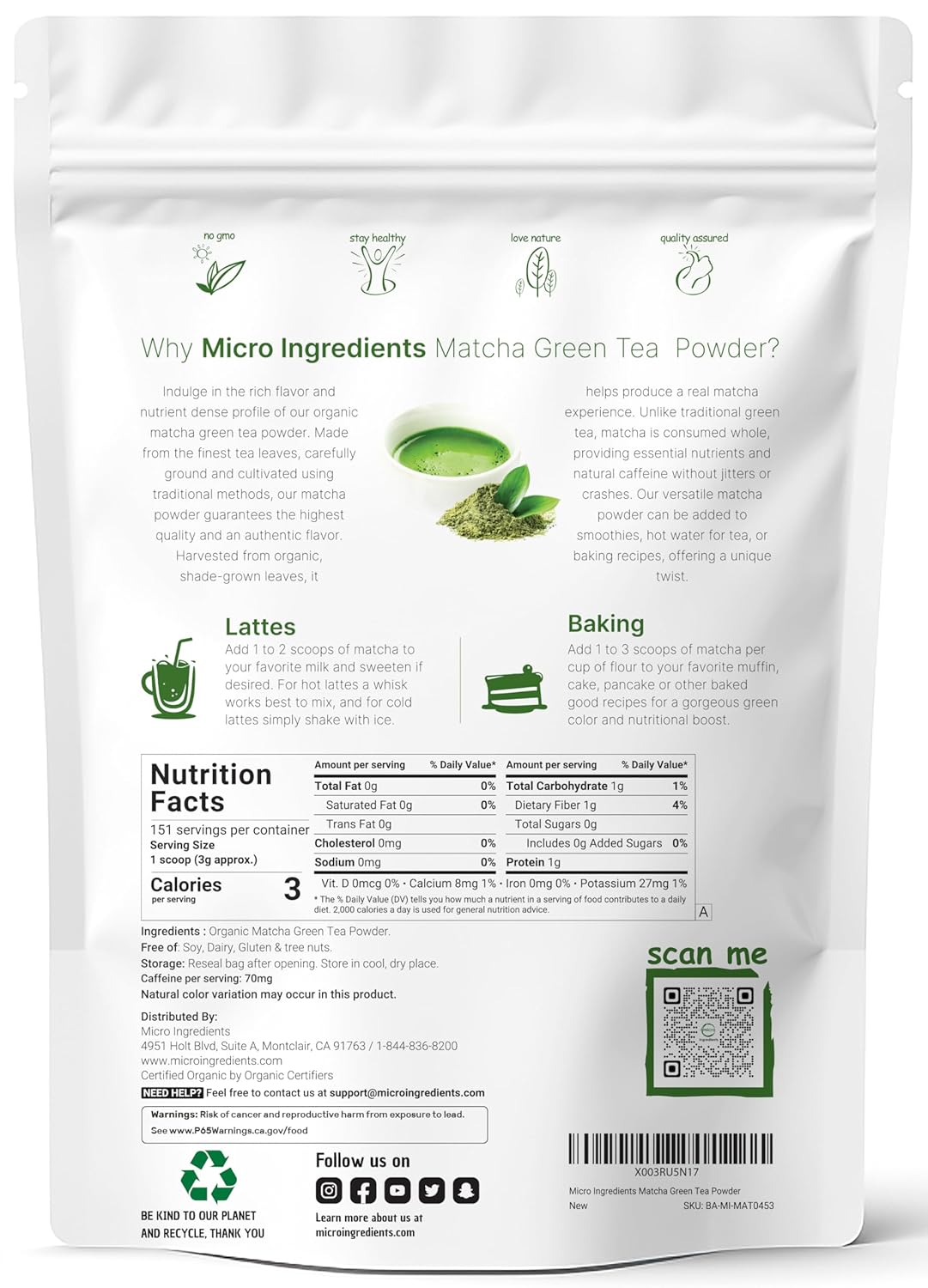 Micro Ingredients Organic Matcha Green Tea Powder, First Harvest, Culinary Grade from Japan, 100% Pure & Unflavored, Great for Tea, Latte, & Smoothies, Non-GMO, No Sugar, Eco-Friendly Packaging, 1 Lb