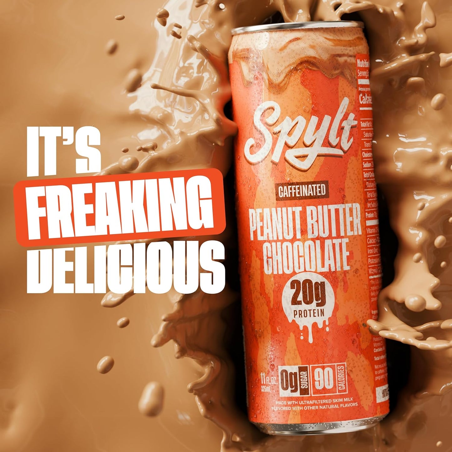 Spylt High Protein Peanut Butter Chocolate Milk with 60mg Caffeine & 20g Protein - 90 Calories, Ready to Drink, Sugar Free, Lactose Free Milk, Perfect for Workout Recovery & Afternoon Pick Me Up - 12 Count