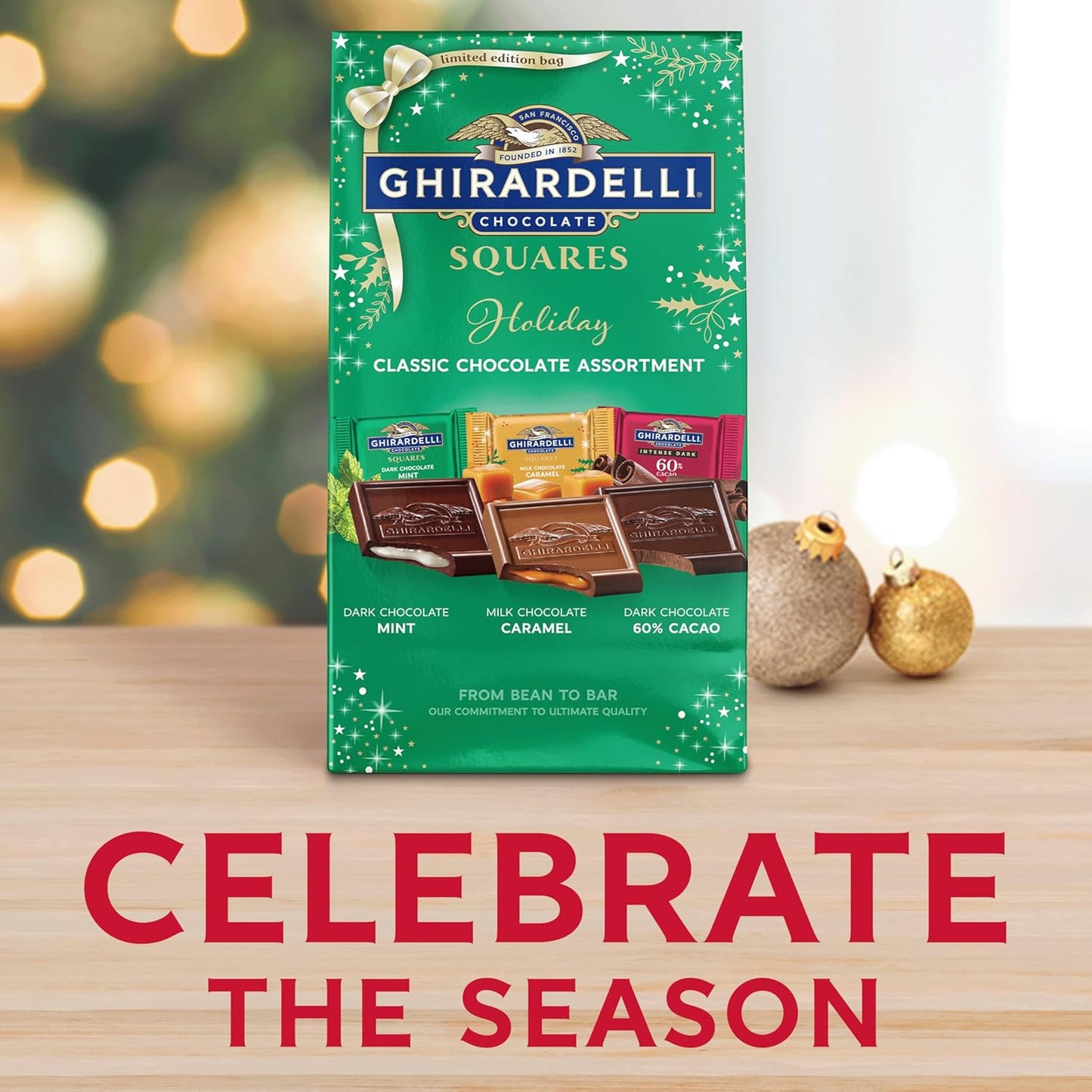 GHIRARDELLI Holiday Classic Chocolate Assortment SQUARES – Limited Edition Milk & Dark Chocolate Candy with Caramel and Mint Flavors, Individually Wrapped, 8.6 oz Bag