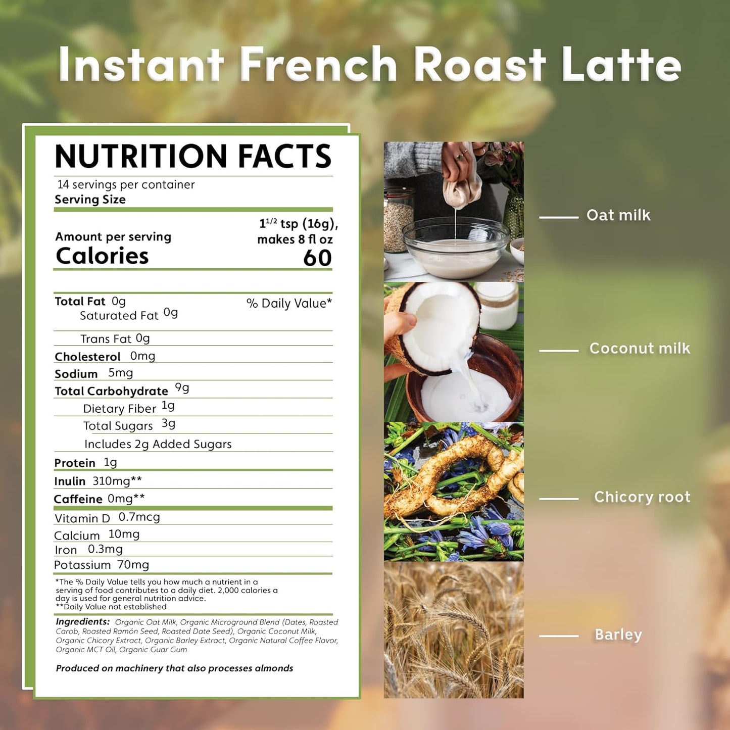 Teeccino Organic Instant French Roast Herbal Latte – 14 Servings – Creamy Oat & Coconut Latte Plus MCT Oil with a Bold, Coffee-Like Blend of Roasted Chicory & Ramón Seeds – Prebiotic, Caffeine-Free – 7.9 ounces