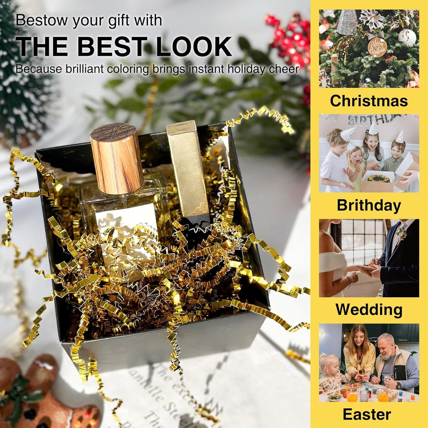 2LB Crinkle Cut Paper Shred Filler for Bag Gift Box Basket Confetti Paper Shreded Stuffing Decoration for Valentine's Day Holiday Party(Gold)