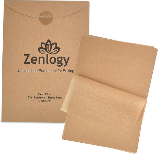 Zenlogy Parchment Paper Sheets 12x16 (500 sheets) for Baking - Unbleached Chlorine-free High Heat Non-Stick Pre-Cut Parchment Paper for Half Sheet Pans