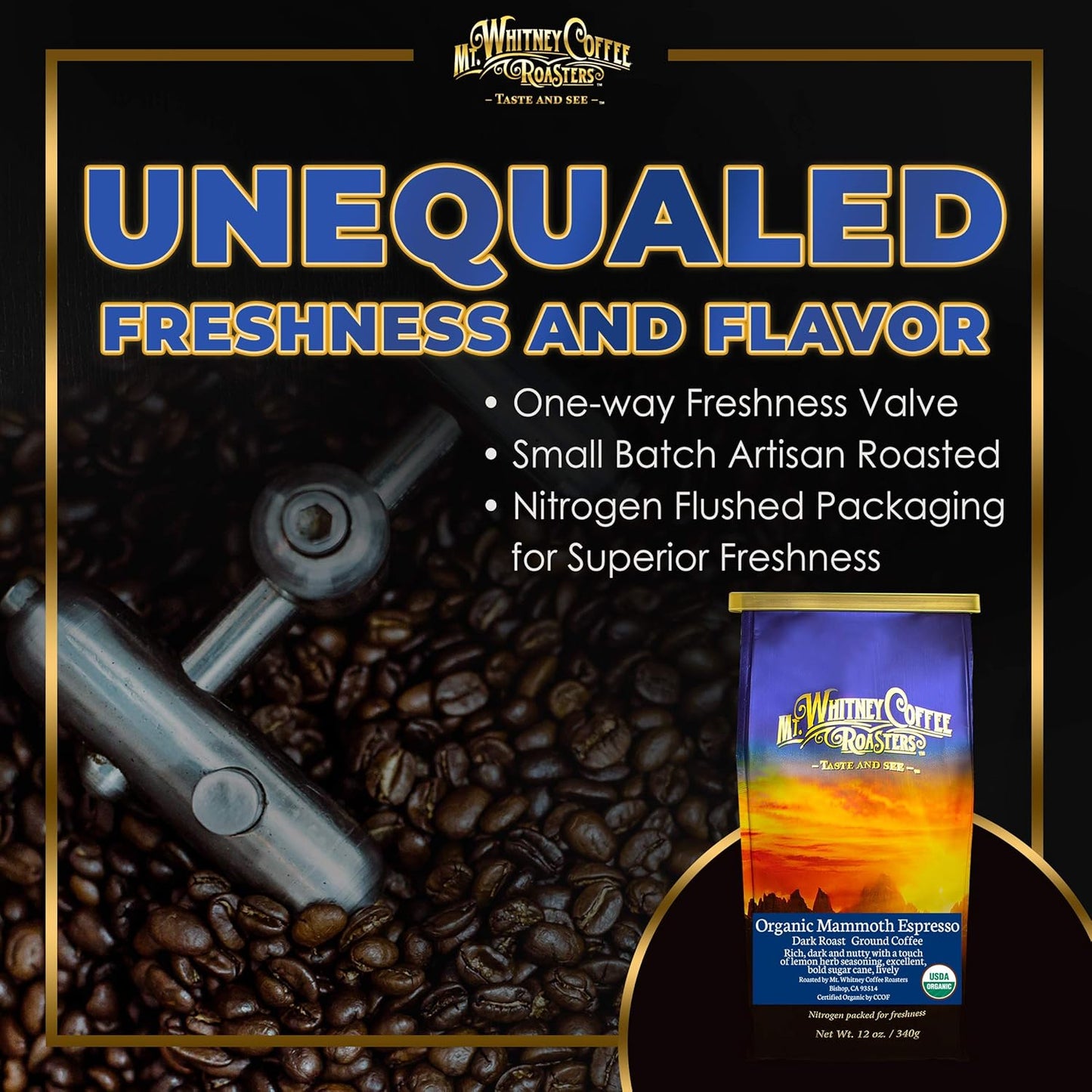 Mt. Whitney Organic Mammoth Espresso, Low Acid Coffee (Ground 12 Oz)