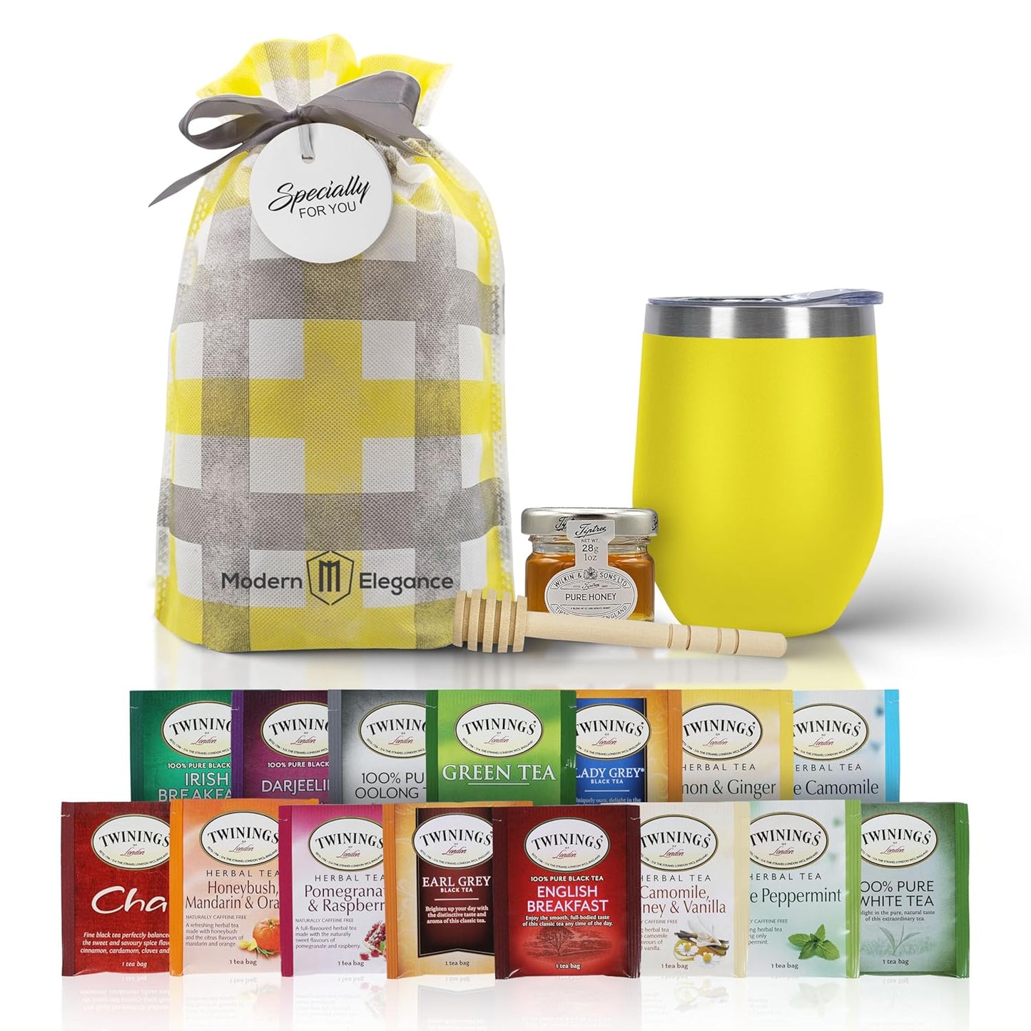 Tea Gift Set for Women & Men – Includes Assorted Teas, Elegant Mug & Honey (Yellow)