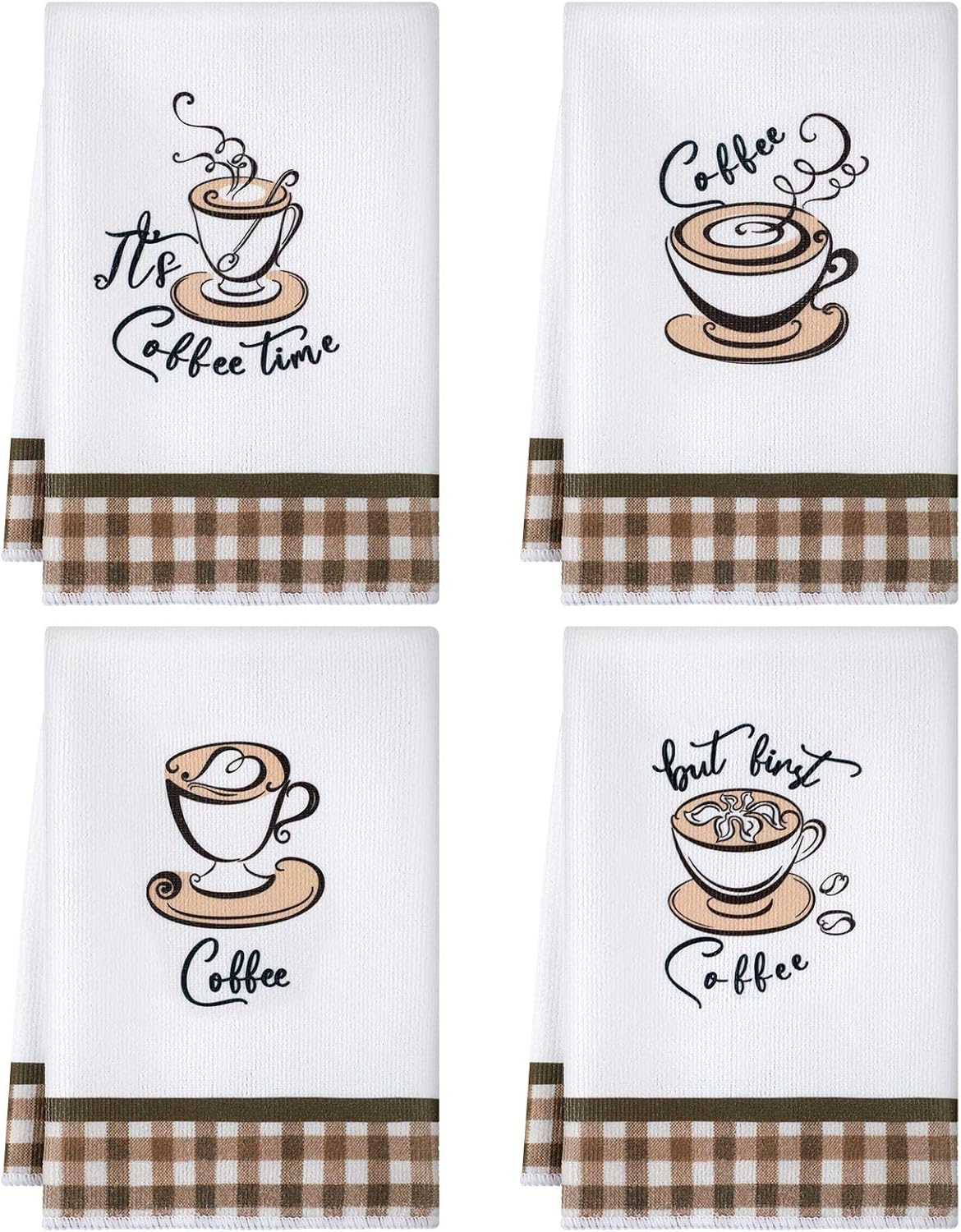 Ferraycle 4 Pieces Kitchen Dish Cloths Coffee Kitchen Hand Towels Absorbent Tea Towels 24 x 16 Inches, Coffee Lover Gift Bar Decorative Dish Cloths Rags, for Farmhouse (Mainly White,Cup Pattern)
