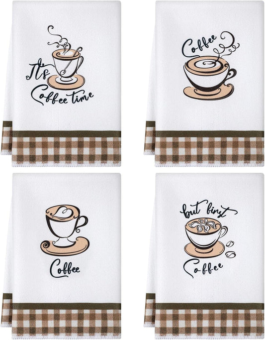Ferraycle 4 Pieces Kitchen Dish Cloths Coffee Kitchen Hand Towels Absorbent Tea Towels 24 x 16 Inches, Coffee Lover Gift Bar Decorative Dish Cloths Rags, for Farmhouse (Mainly White,Cup Pattern)