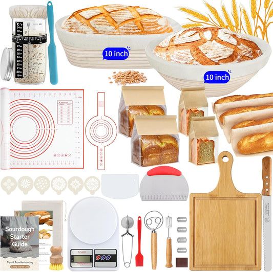 10 Inch Round & Oval Sourdough Proofing Basket Set, Banneton Bread Proofing Basket with Starter Jar, Sourdough Starter Kit Includes Bread Knife & Bread Board Natural Rattan for Perfect Loaves