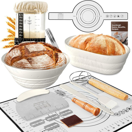 Sourdough Starter Kit with Jar – Complete Sourdough Bread Baking Supplies for Beginners, Includes 2 Silicone Proofing Baskets Baking Mat Sour Dough Kit - White