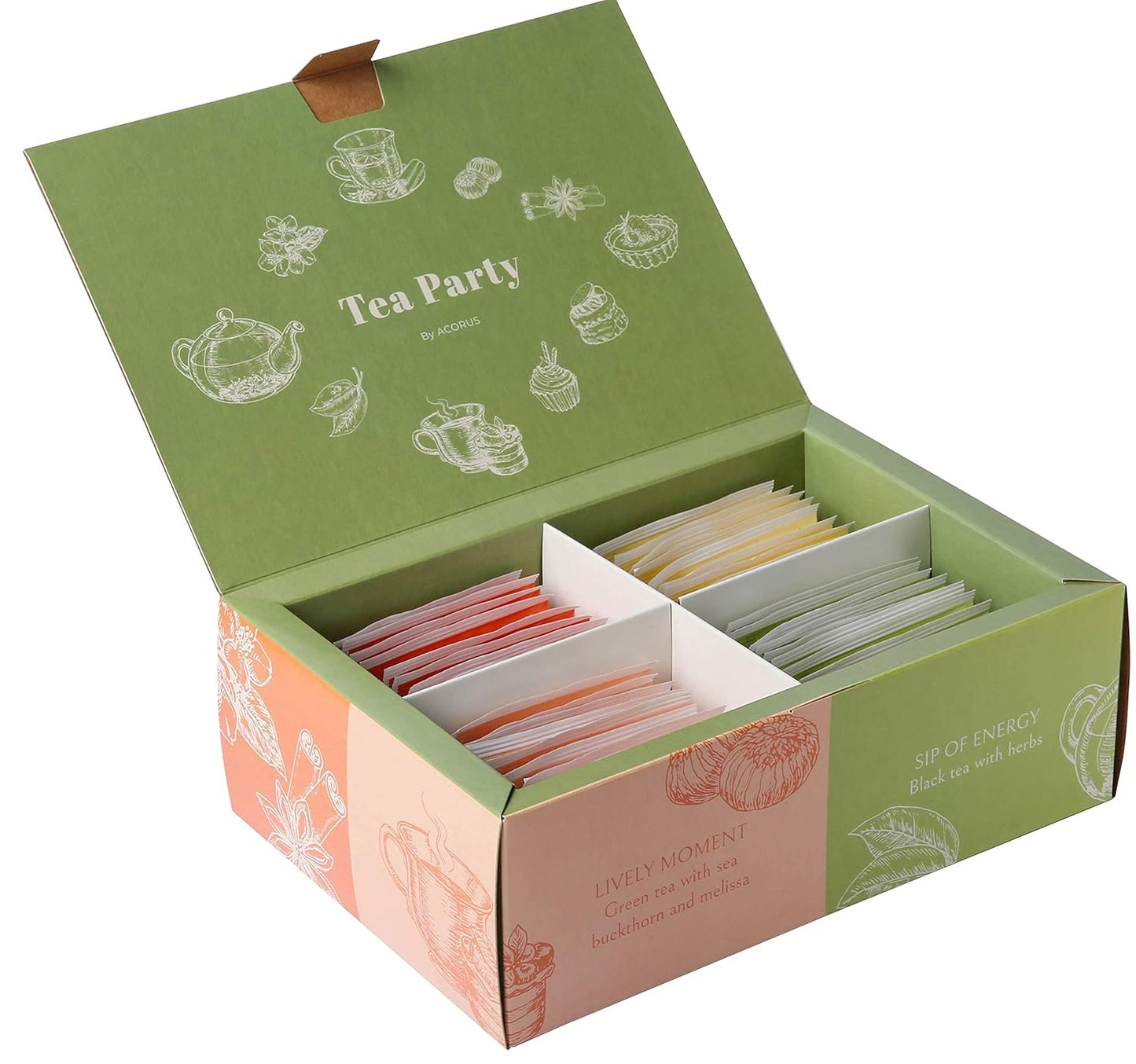 ACORUS Tea Party with 4 Different Flavors | Tea Set | 40 Count Natural Rooibos, Black Tea, Green Tea Packs with Beautiful Gift Box | Tea Bags Variety Pack