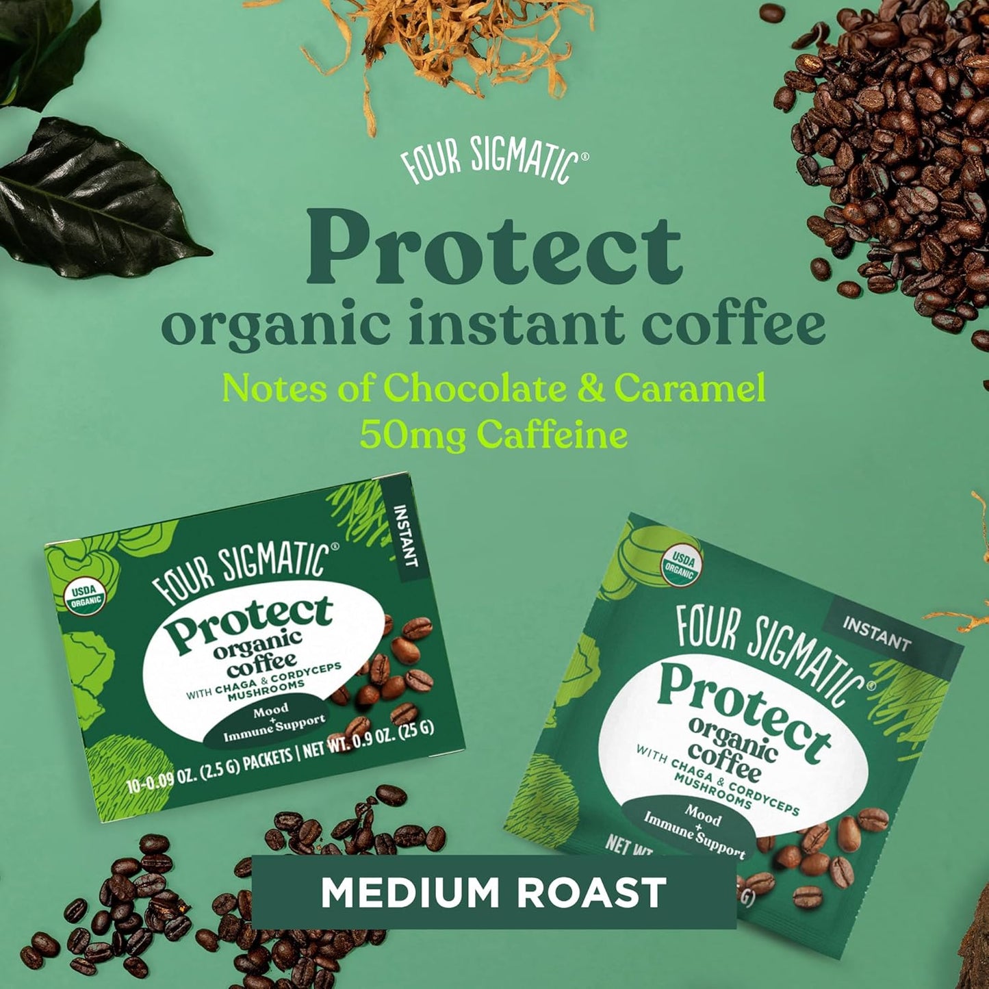 Four Sigmatic Organic Instant Coffee Powder | Mushroom Coffee Instant Mix with Cordyceps, Chaga and Eleuthero for Better Focus and Immune Support | 10 Packets