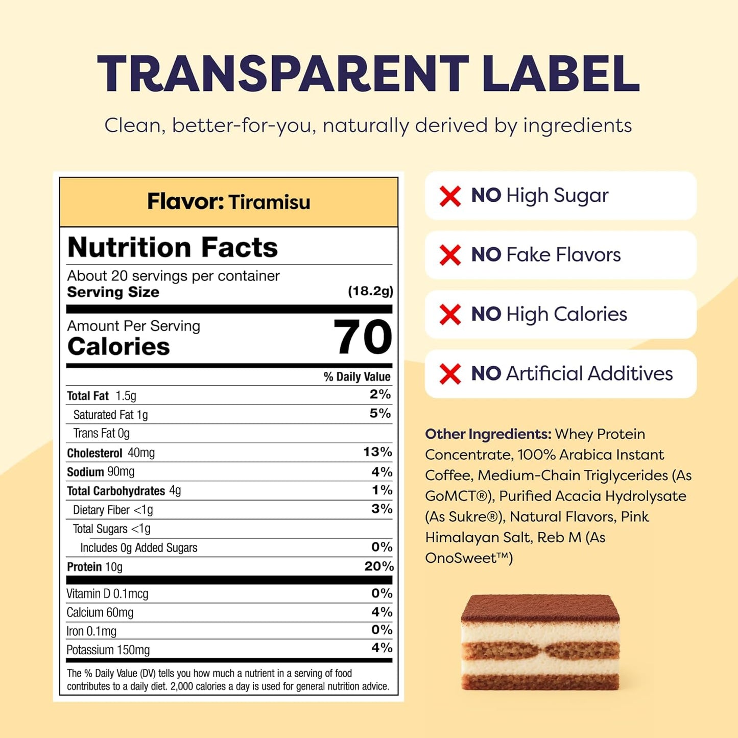 Tiramisu Protein Iced Coffee - Premium Whey Protein & Instant Iced Coffees - 100% Natural Cold Brew Coffee - Zero Artificial Flavors & Sweeteners, 80 mg Caffeine Per Serving, 0g of Sugar, 20 Servings