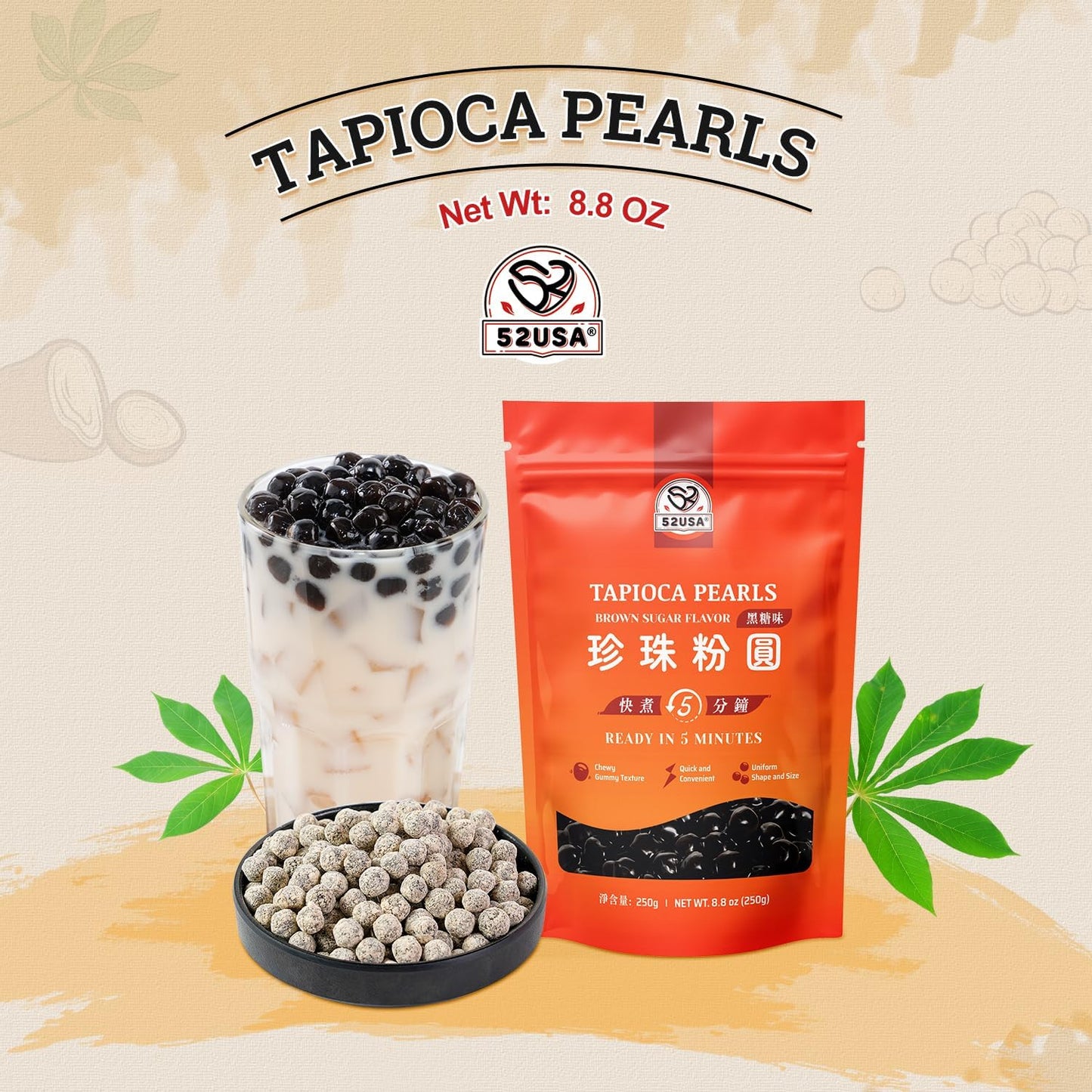 52USA Boba Tapioca Pearl, Black Sugar Flavor, Fresh Bubble Tea Pearl, 8.8 Oz (250 g), Black Tapioca Pearl For Bubble Tea, Ready in 5 Minutes (Pack of 1)