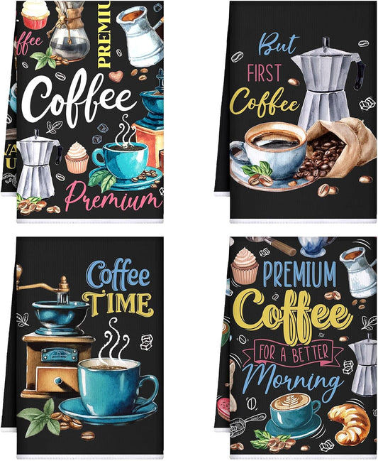 Ferraycle 4 Pieces Kitchen Dish Cloths Coffee Kitchen Hand Towels Absorbent Tea Towels 24 x 16 Inches, Café Lover Gift Bar Decorative Dish Cloths Rags, for Farmhouse (Black,Coffee Time)