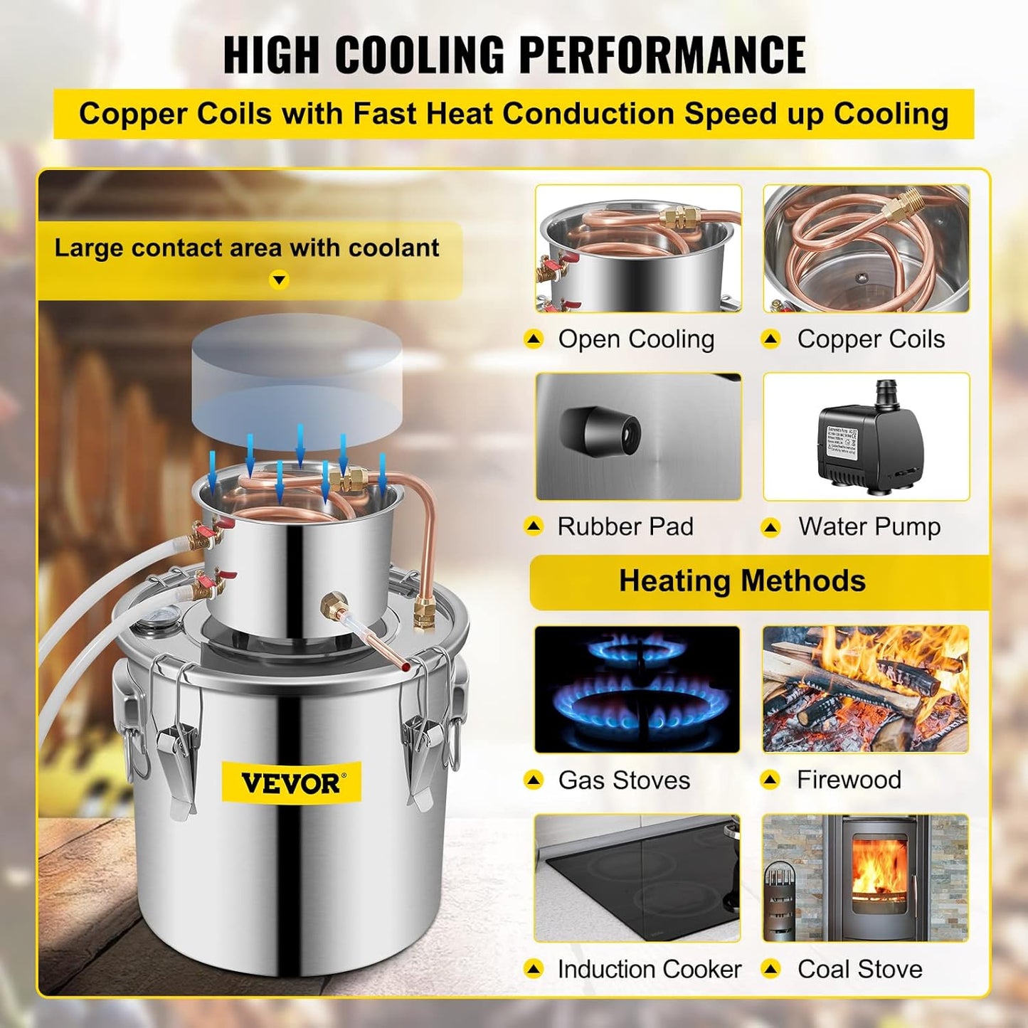 VEVOR Alcohol Still 8Gal/30L Alcohol Distiller Stainless Steel Distillery Kit for Alcohol With Copper Tube & Pump Home Brewing Kit Build-in Thermometer for DIY Whisky Wine Brandy