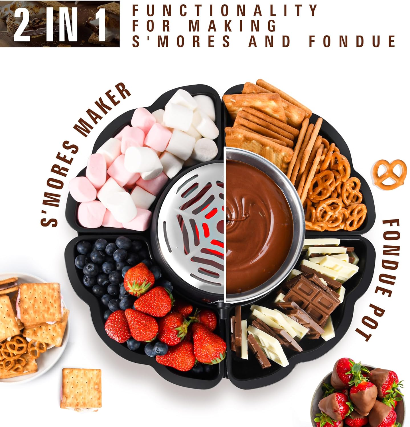2 In 1 Smores Maker & Fondue Set, Tabletop Indoor Smores Kit, Marshmallow Roaster with Temp Control, 4 Detachable Trays & 4 Roasting Forks and 1 Heated Bowl, Movie Night Supplies & Housewarming Gifts