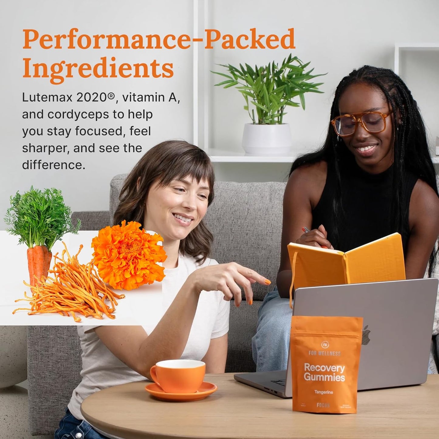 For Wellness Recovery Gummies | Tangerine Eye & Brain Support Supplements with Lutemax 2020®, Lutein, Zeaxanthin, Vitamin A & Cordyceps for Vision, Memory & Stress Support | Vegan, Non-GMO, 90 Count