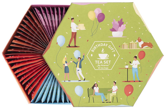 ACORUS | Birthday Gift Tea Set | Natural Tea Hamper Box Gift Set of 6 Flavors | Thoughtful Present for Birthday | Large Selection Box | Tea Gift Sets | 60 Herbal and Fruit Tea Bags Variety Pack