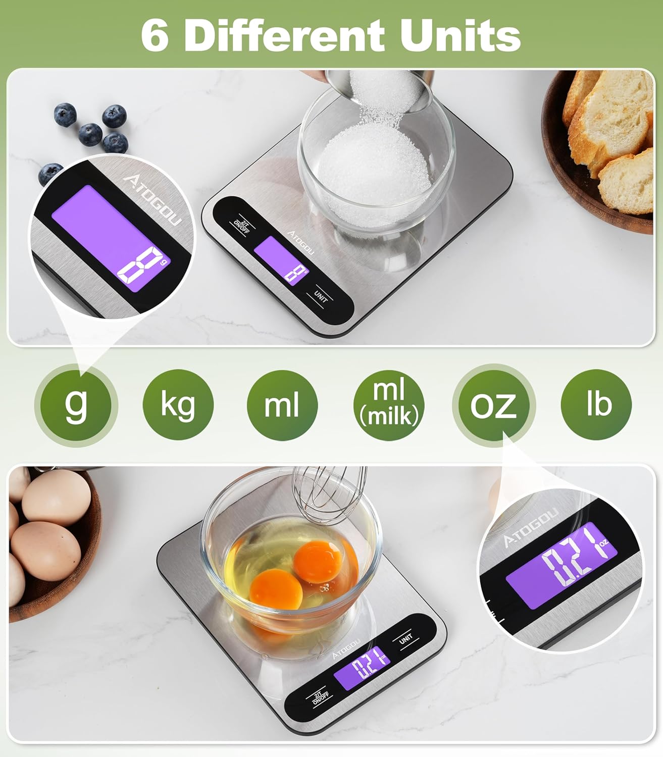 33lb/ 15kg Food Scale, Digital Kitchen Scale with Full View LCD Display, Stainless Steel Pan, for Cooking, Baking, Meal Prep Black