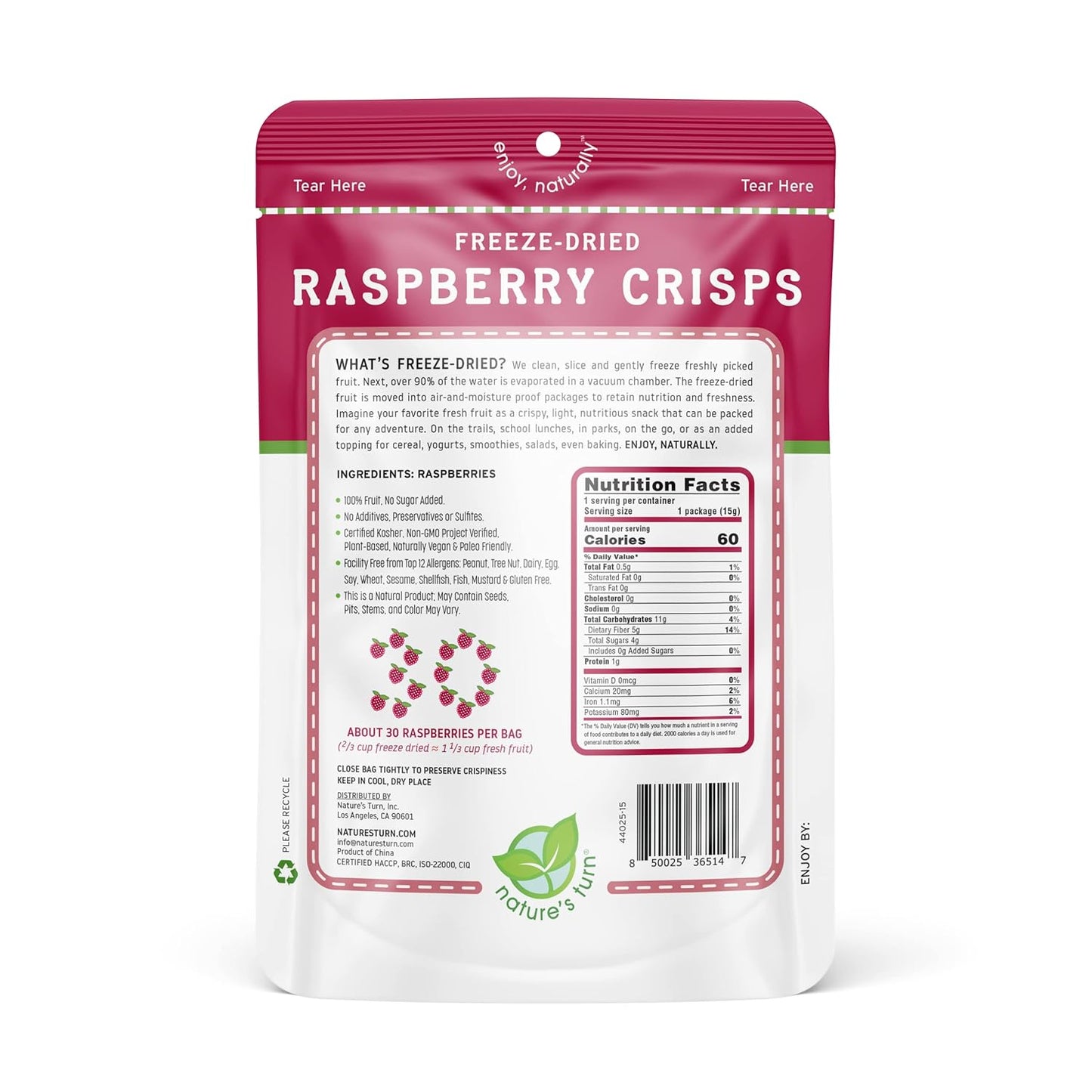 Nature’s Turn Freeze-Dried Raspberry Crisps – Healthy, Gluten-Free, Crispy & Delicious, Plant-Based Snack, Ideal for Cereal, Smoothies, School Lunches, & On-the-Go, Bags of 6 (0.53 oz Each)