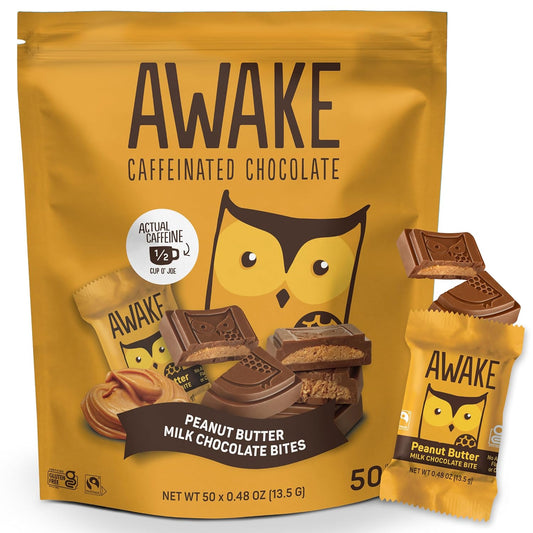 AWAKE - Caffeinated Chocolate Bites - Peanut Butter Milk Chocolate, 50 Bites - 50mg Caffeine - Wrapped Energy Bites - Coffee Alternative - Fairtrade, Gluten Free, Non GMO - 0.48oz