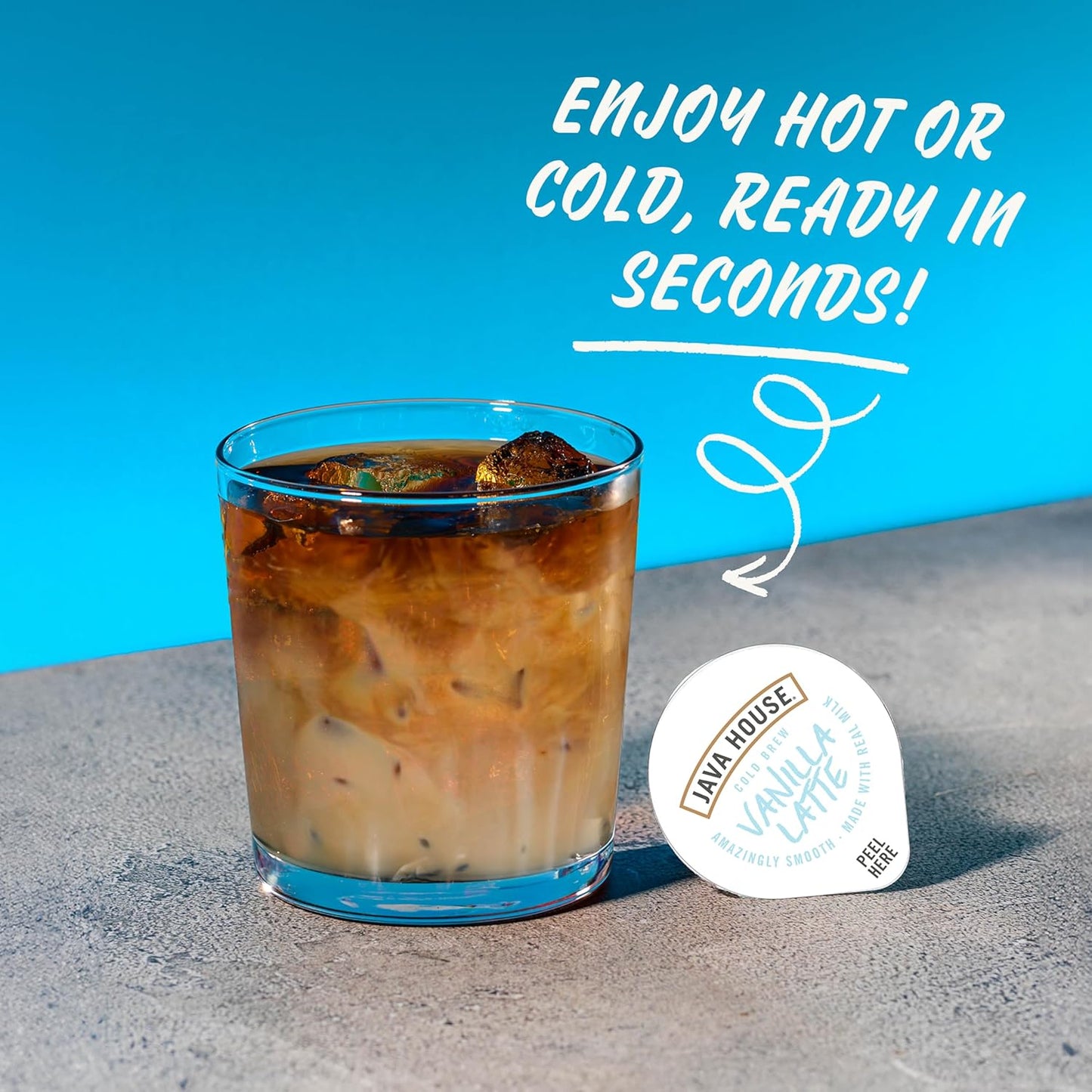 JAVA HOUSE French Vanilla Latte Cold Brew Coffee Pods, (12 Count) Peel and Pour Pods Hot or Iced