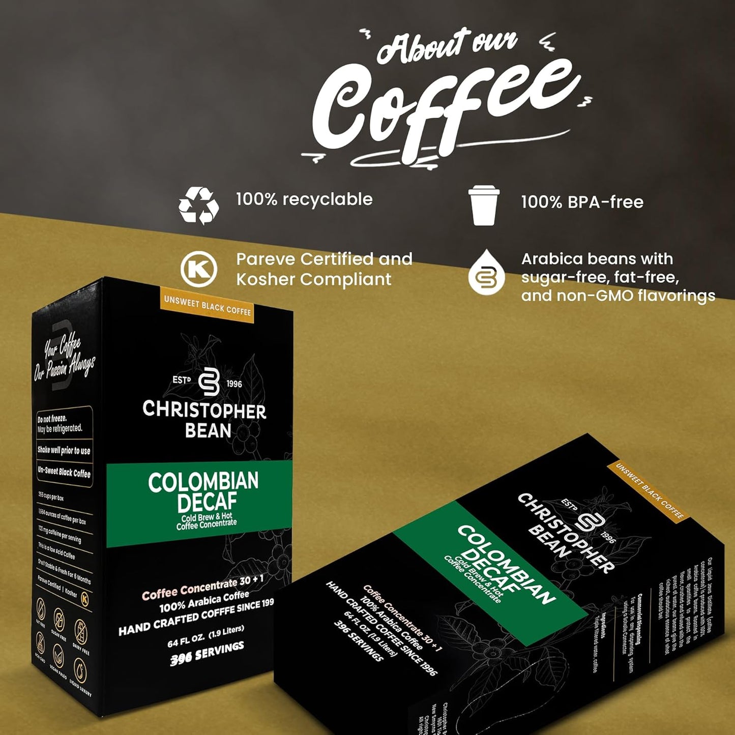Christopher Bean Coffee - 396 servings, 30 to 1 Blend Bag in Box Liquid Instant Coffee or Cold Brew Coffee Concentrate - Hot or Iced Coffee - Decaf Colombian