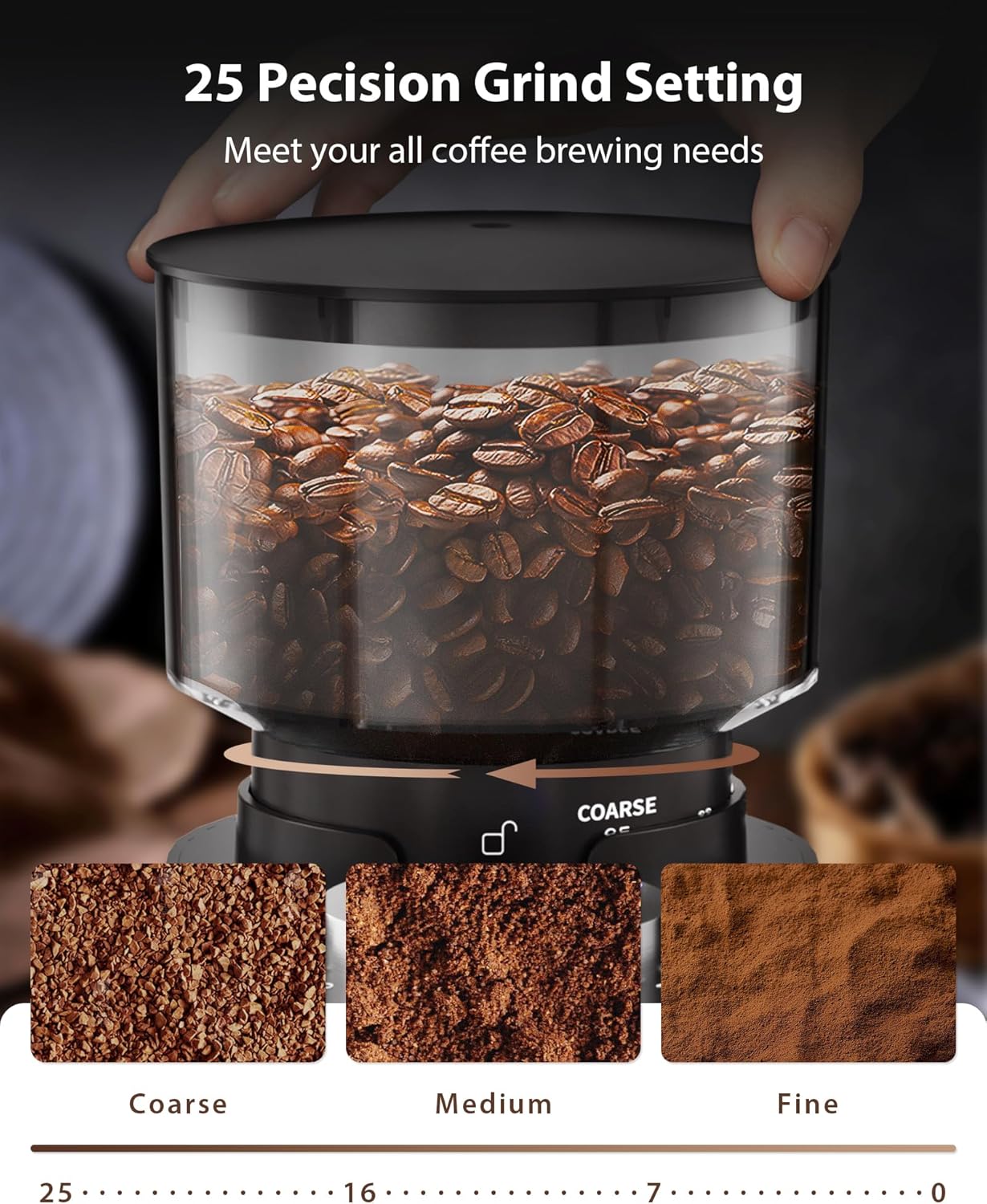 Aromaster Burr Coffee Grinder with 25 Grind Setting, Adjustable 2-12 Cups Timer, Professional Conical Coffee Bean Grinders for Home Use, 3-Ears Portafilter Holder, Anti-static, Cleaning Brush, Black