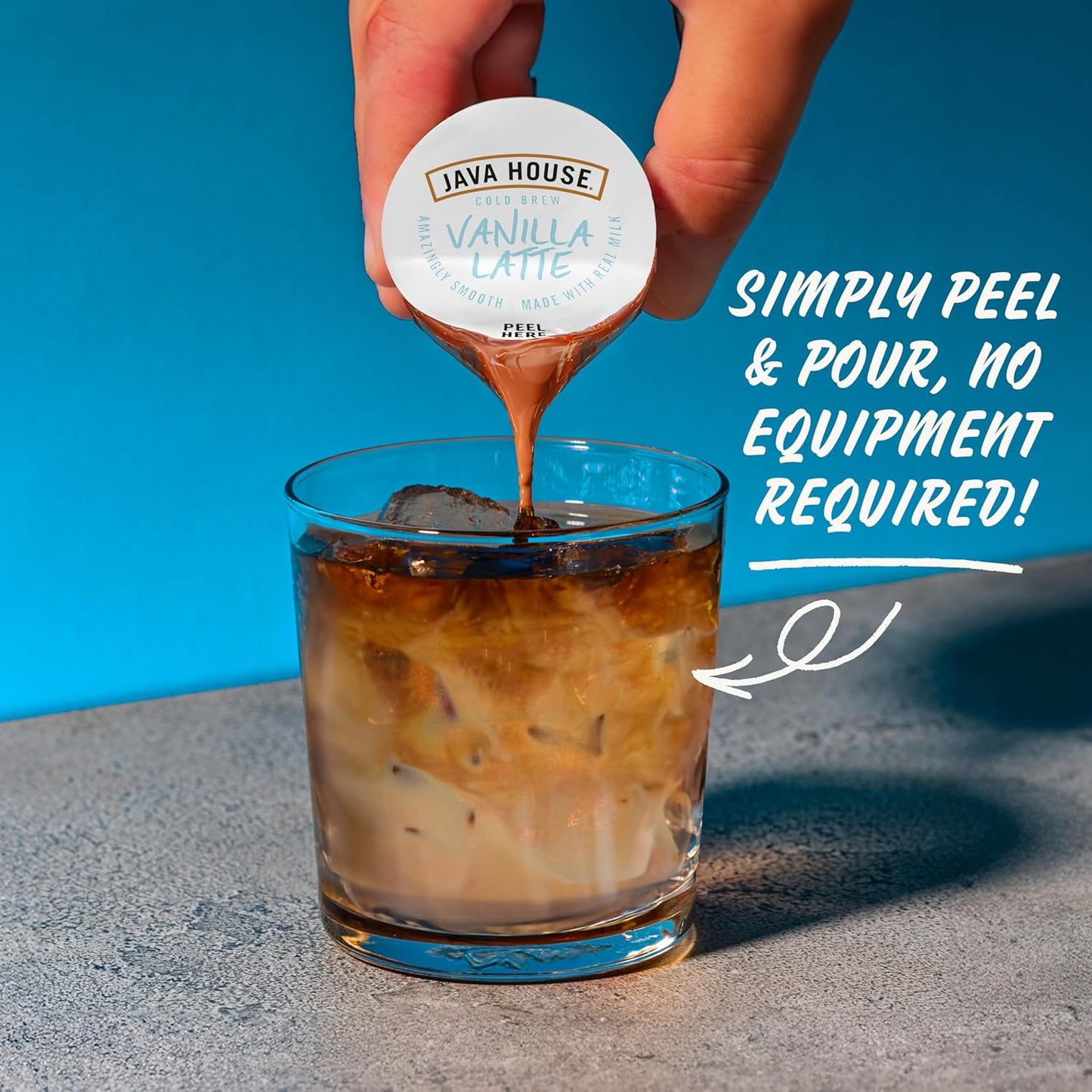 JAVA HOUSE French Vanilla Latte Cold Brew Coffee Pods, (12 Count) Peel and Pour Pods Hot or Iced