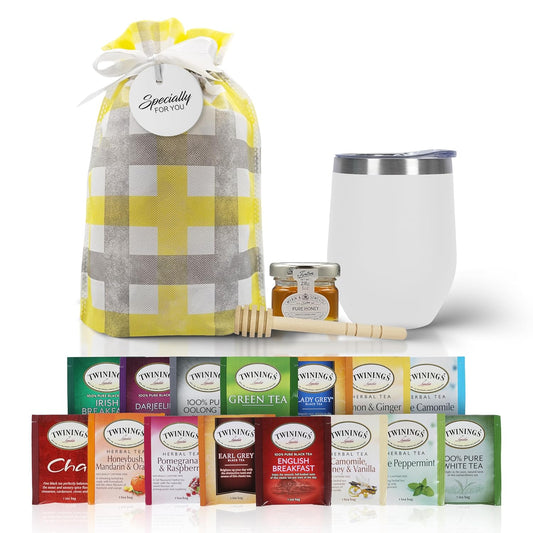Tea Gift Set for Women & Men – Includes Assorted Teas, Elegant Mug & Honey (White)