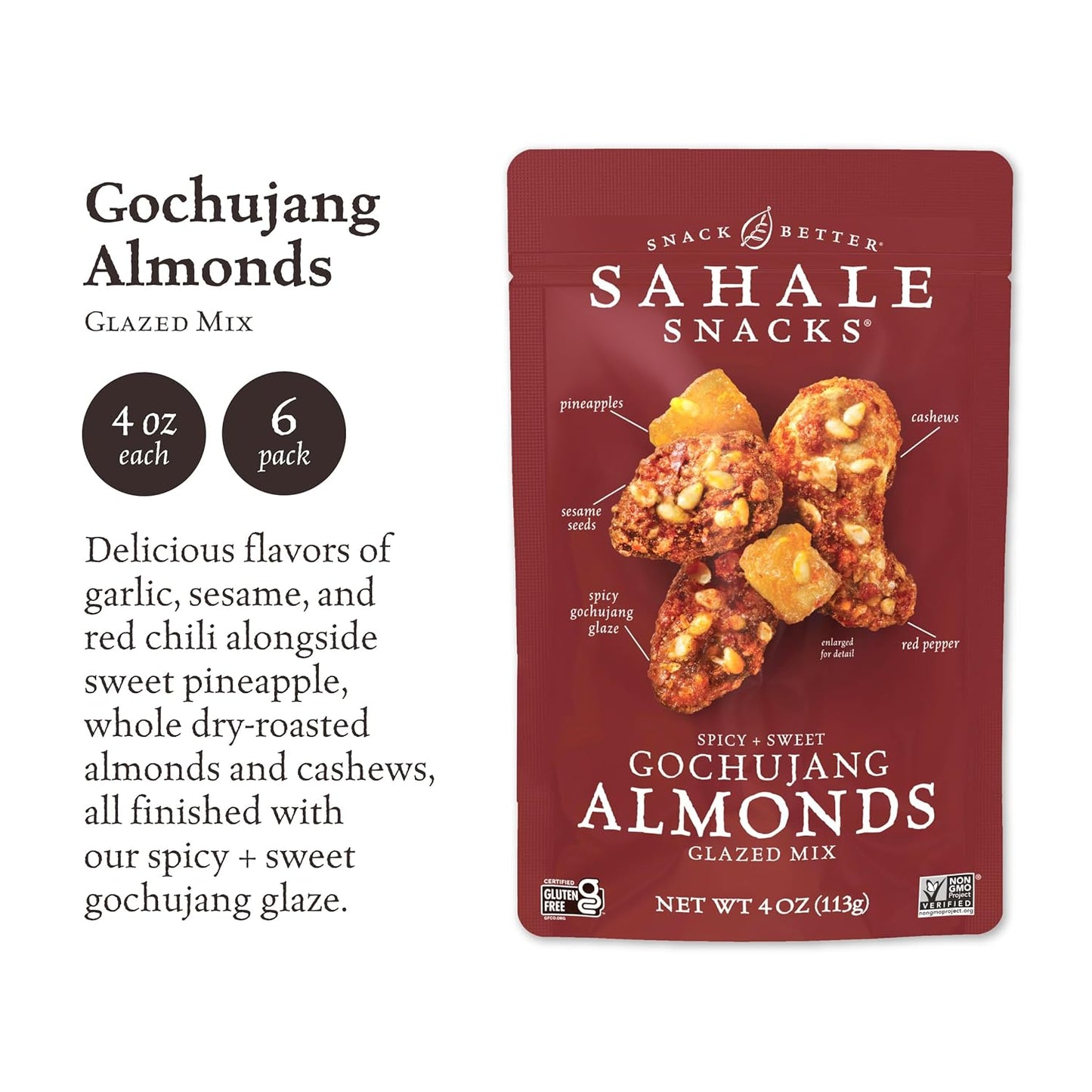 Sahale Snacks Gochujang Almonds Glazed Mix, Kosher, Gluten Free, 4 Ounce (Pack of 6)
