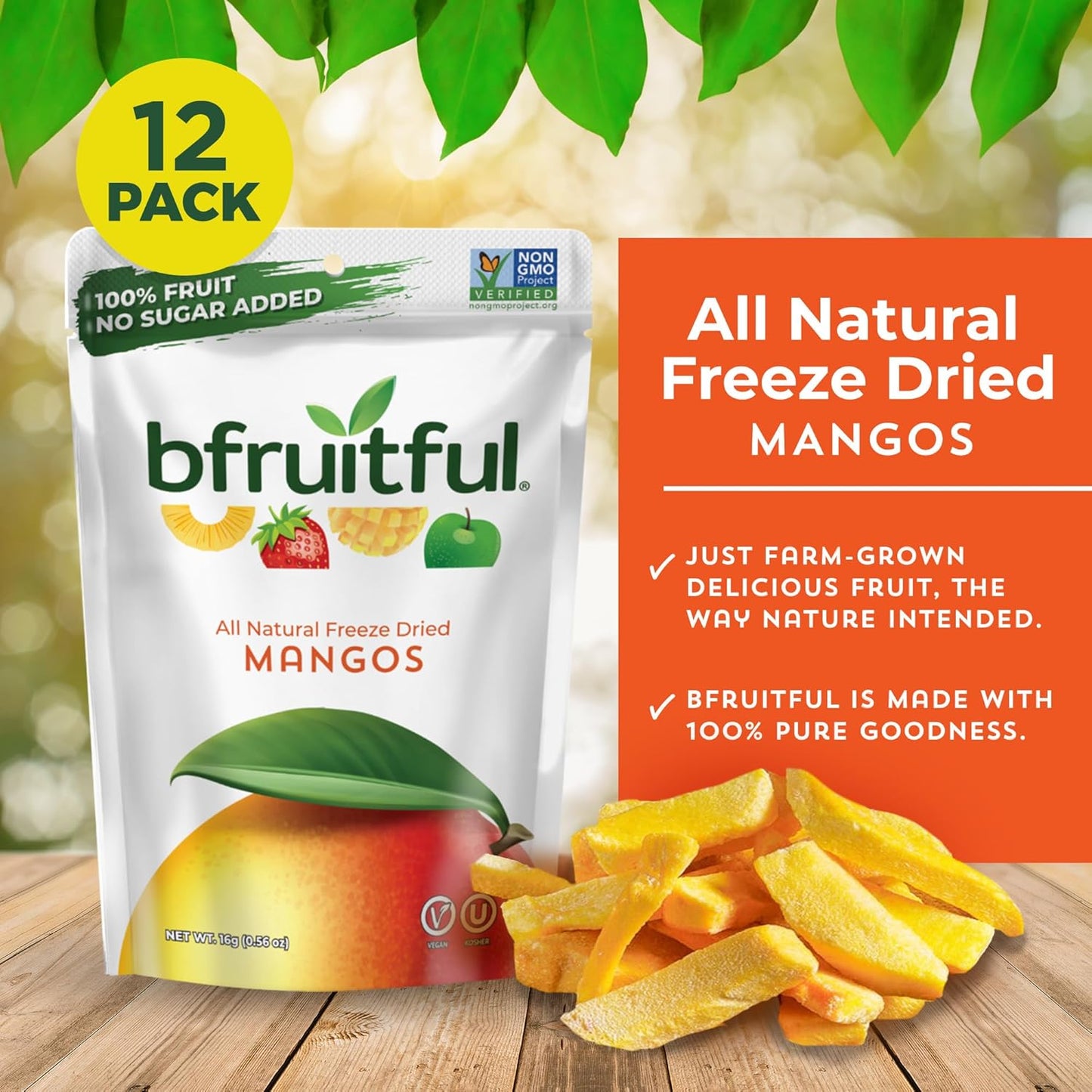 bfruitful Freeze-Dried Mango, Freeze Dried Fresh Fruit Bites, Gluten Free, Vegan, Dairy Free, Kosher, No Sugar Added, Non GMO, Healthy Snacks for Kids or Adults, 0.56 oz Single-Serve Snack Packets, 12 Pack