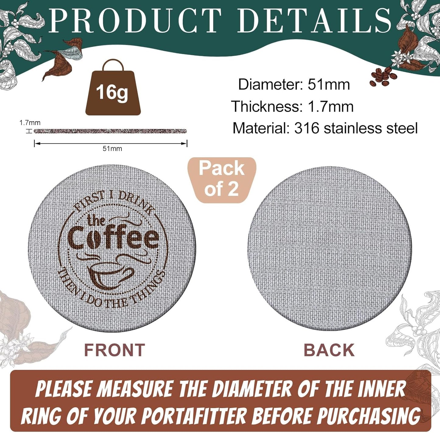 Yaomiao 2 Pieces 51mm Espresso Puck Screen, 1.7mm Thickness 150 Micrometre Reusable Barista Espresso Screen Stainless Steel Coffee Filter Mesh Plate for Bottomless Portafilter Filter Basket