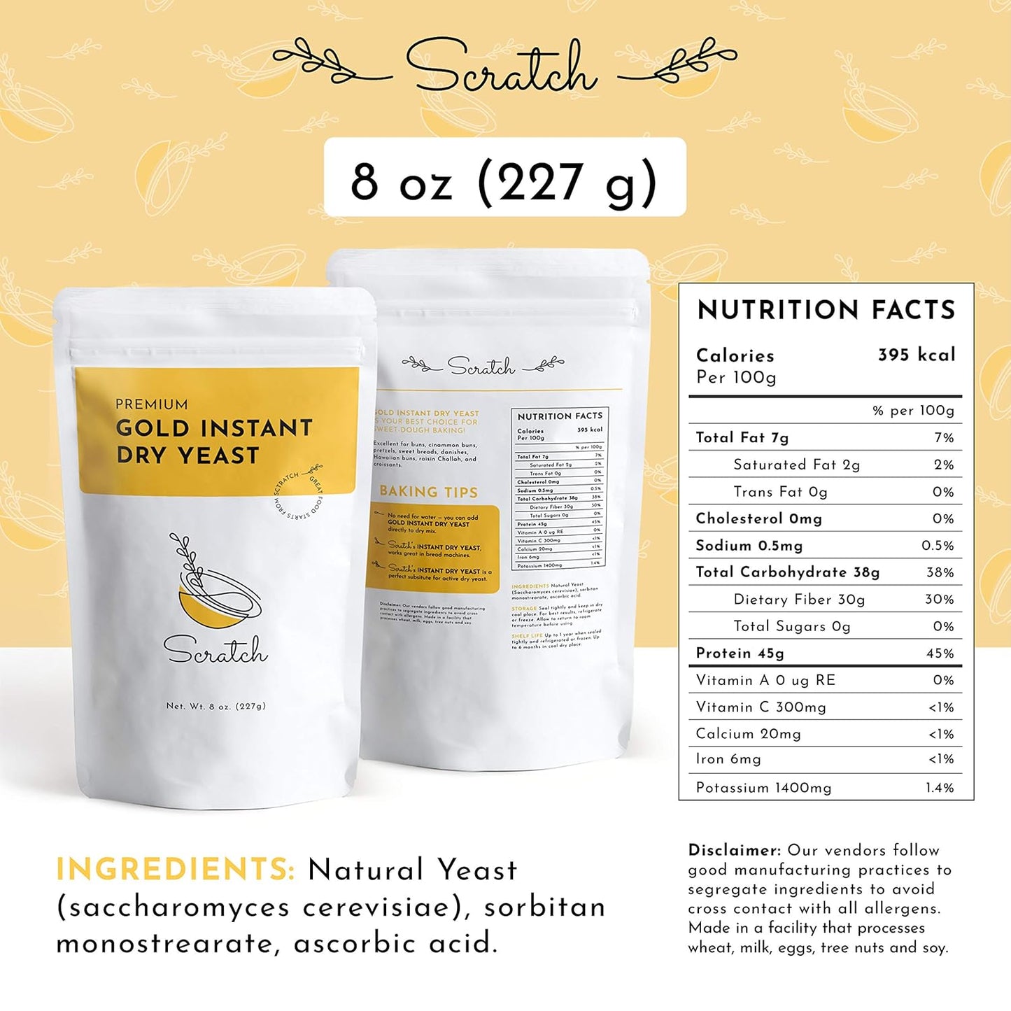 Scratch Gold Yeast - Instant Dry Yeast for a Rapid Rise - Add Straight to Dry Mix - Perfect for Making Bread, Bread Machines, Pizza Dough, Crusts & More - (Gold 8oz) (1 Packet)