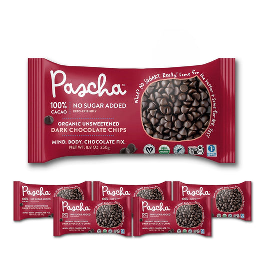 Pascha Organic 100% Cacao Baking Chips - Unsweetened Dark Chocolate - Sugar-Free, Keto, Vegan Baking Chocolate - Single Ingredient, Rainforest Alliance Certified - Allergen-Free, (Pack of 6)