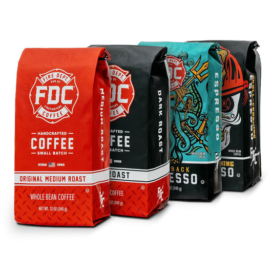 Fire Department Coffee - Gives Back to Firefighters - Rescue Variety Pack - Whole Bean Coffee - Medium, Dark, Shellback Espresso, & Skull Crushing Espresso Beans - Veteran Owned (12oz, Pack of 4)